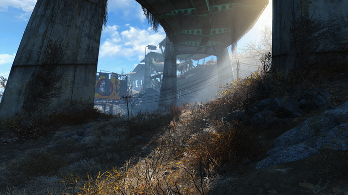 Fallout 4 ruined highway overpass with sunbeams
