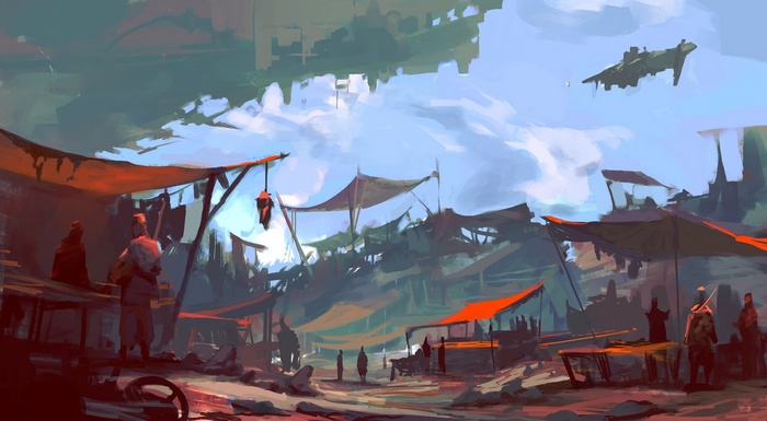 Science fiction market with flying vehicle