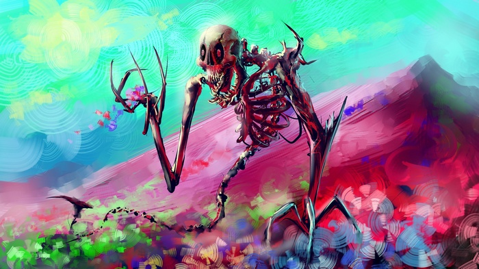 Skeleton in a colorful fantasy landscape with flowers