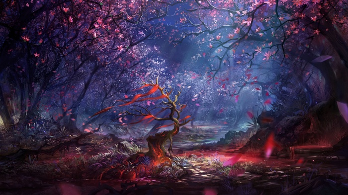 Enchanted forest with glowing trees and red ribbons