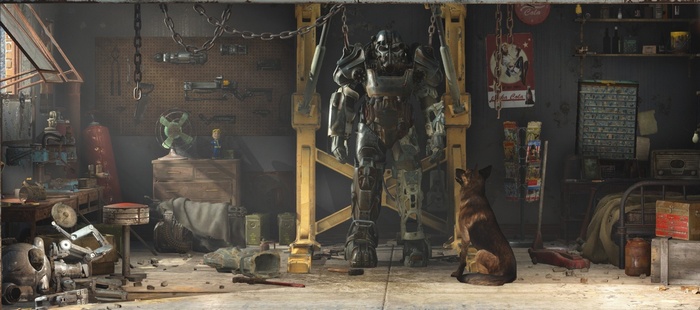 Fallout 4 Power Armor and Dogmeat in a Workshop