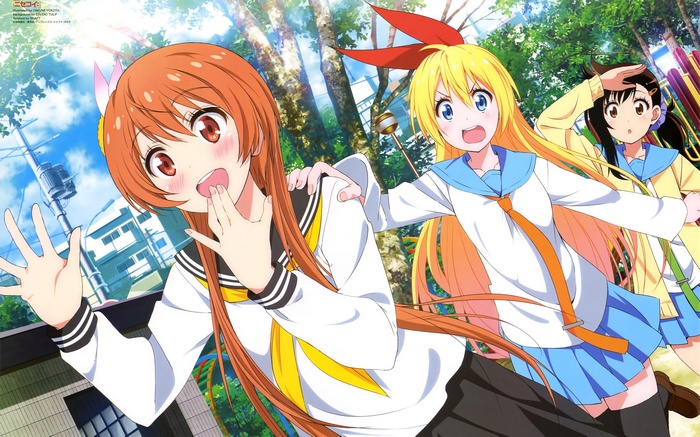 Nisekoi: Chitoge, Marika, and Haru in a park