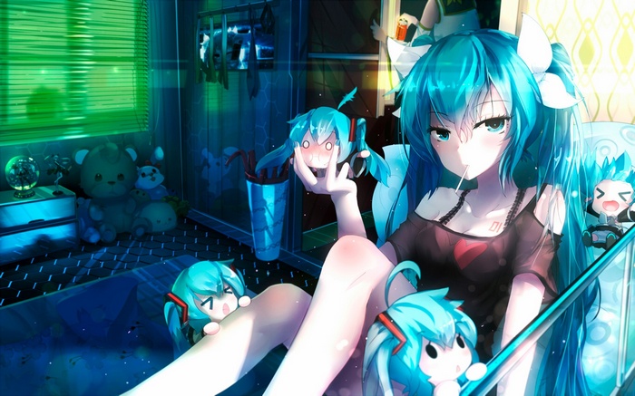 Hatsune Miku and chibi figures in a room