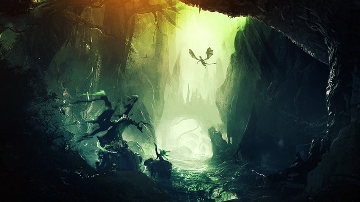 Dragon flying in a mystical cave with glowing light