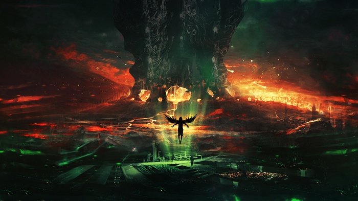Angel in a hellish landscape with a giant tree