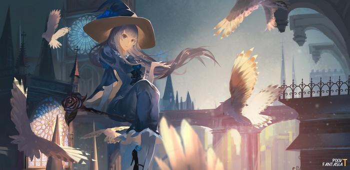 Anime Witch with Owl Companions in Gothic City