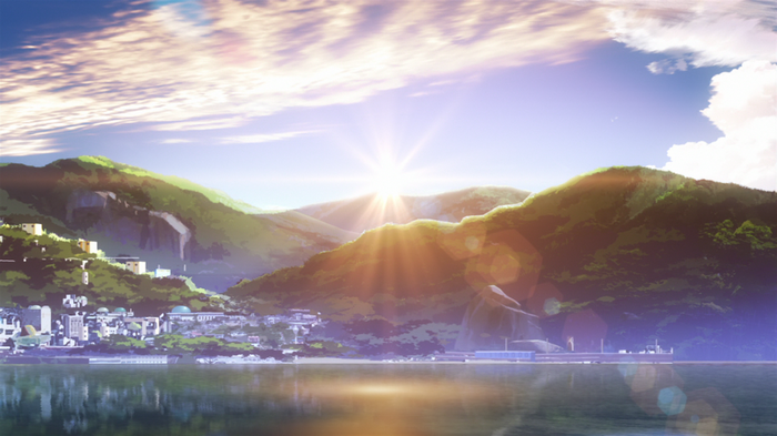 Nagi no Asukara anime landscape with sunrise over mountains