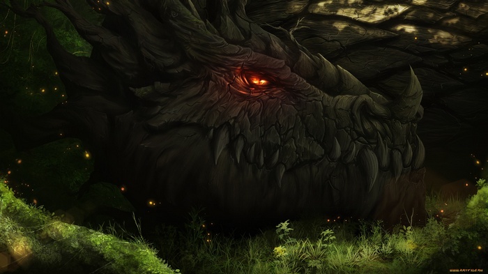 Dragon artwork in a dark fantasy forest