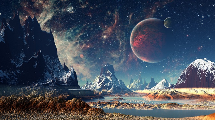 Alien planet with mountains and a large red planet in space