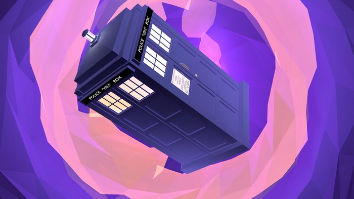 TARDIS traveling through a purple and pink vortex