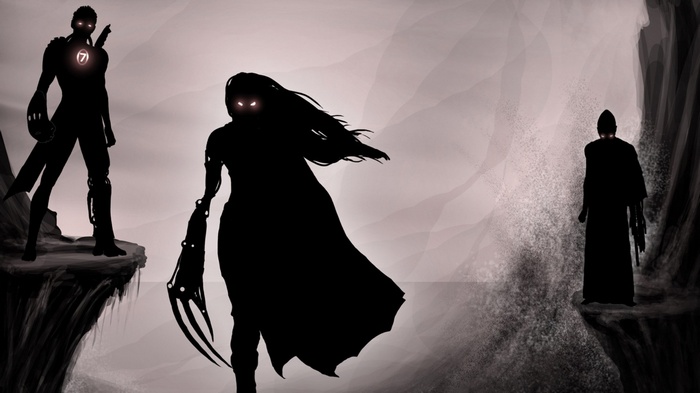 Three shadowy figures with glowing eyes on cliffs