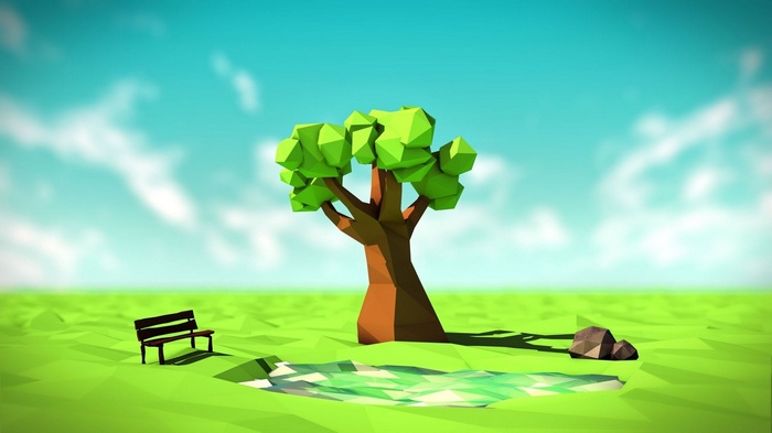Low poly tree, bench, and rock in a field