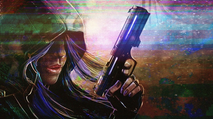 Artwork of a woman holding a futuristic gun