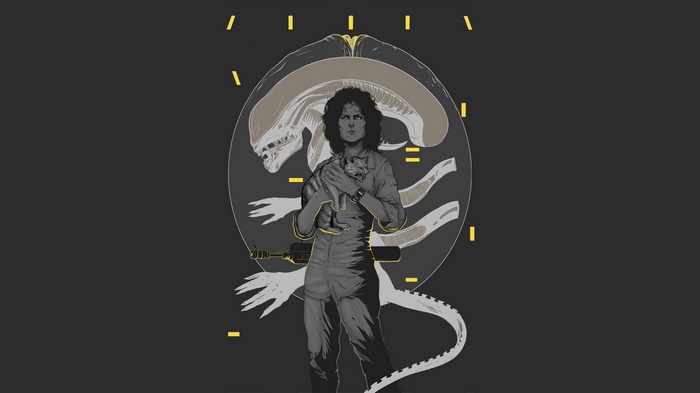 Ellen Ripley holding Jonesy with Xenomorph behind