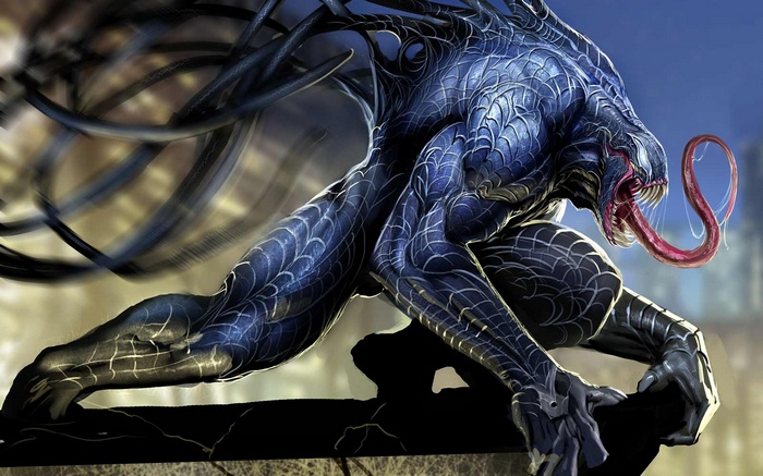 Venom from Marvel Comics crouches on a ledge
