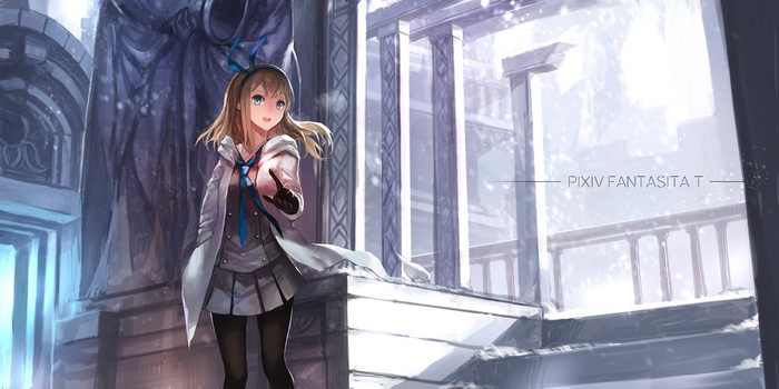 Anime girl in white coat and skirt, Pixiv Fantasia