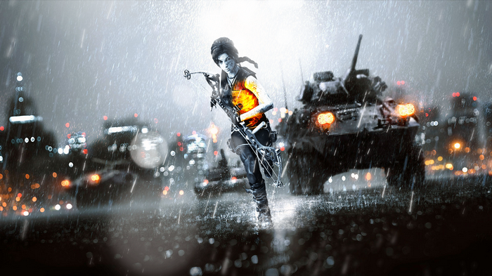 Lara Croft with a bow in a rainy city with a tank