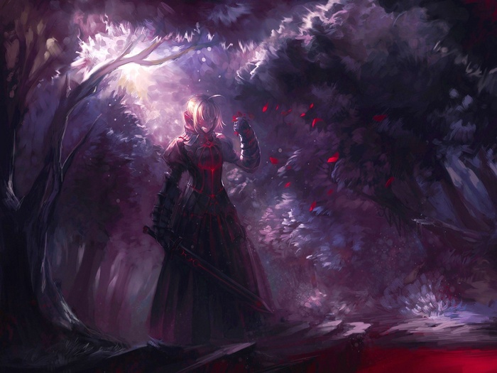 Saber Alter in a dark fantasy forest