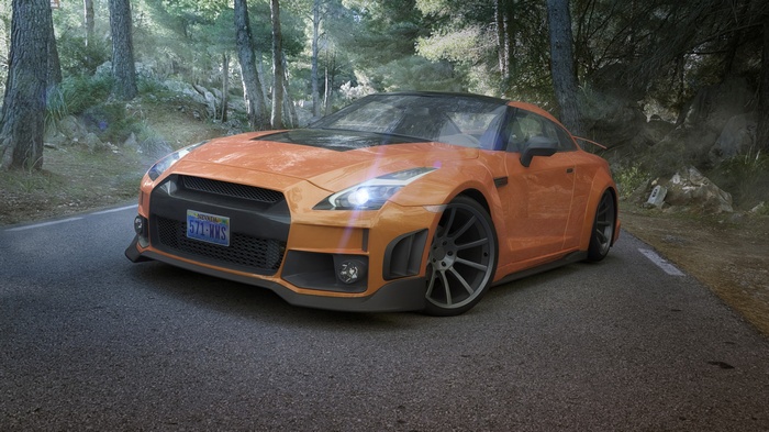 Orange Nissan GTR on a forest road