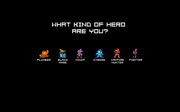 Retro Video Game Heroes: Plumber, Black Mage, Ninja, Cyborg, Vampire Hunter, Fighter