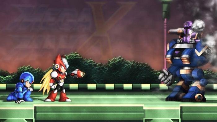 Mega Man Zero and X confront a large mech