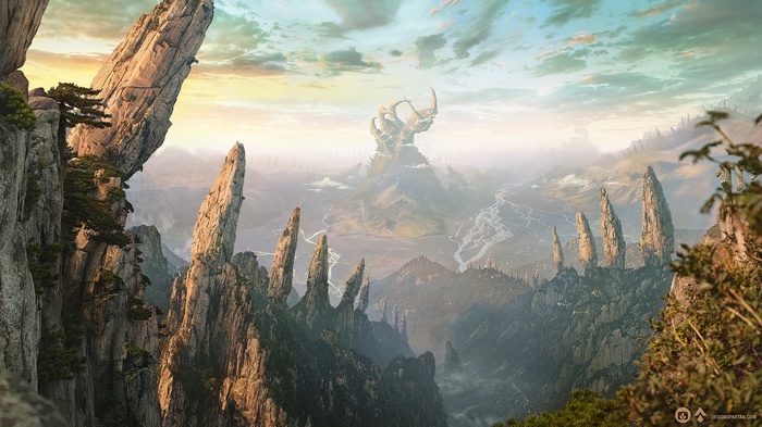 Fantasy landscape with mountains and a strange structure