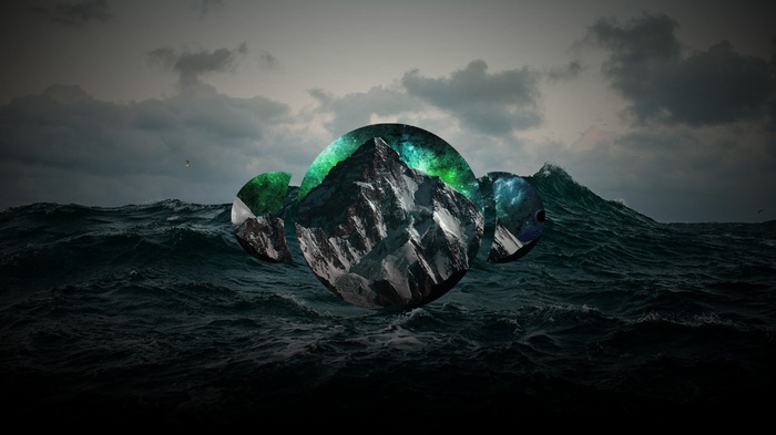 Abstract mountains and sea with galaxy elements