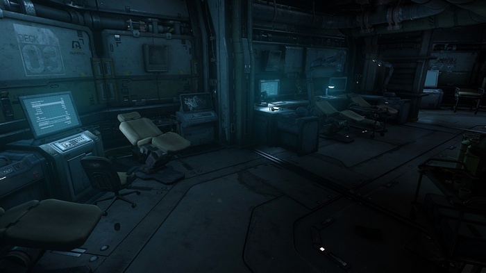Star Citizen futuristic medical bay with examination chairs