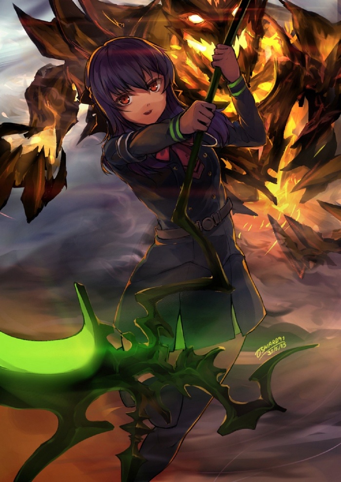 Hiiragi Shinoa from Owari No Seraph with a demon