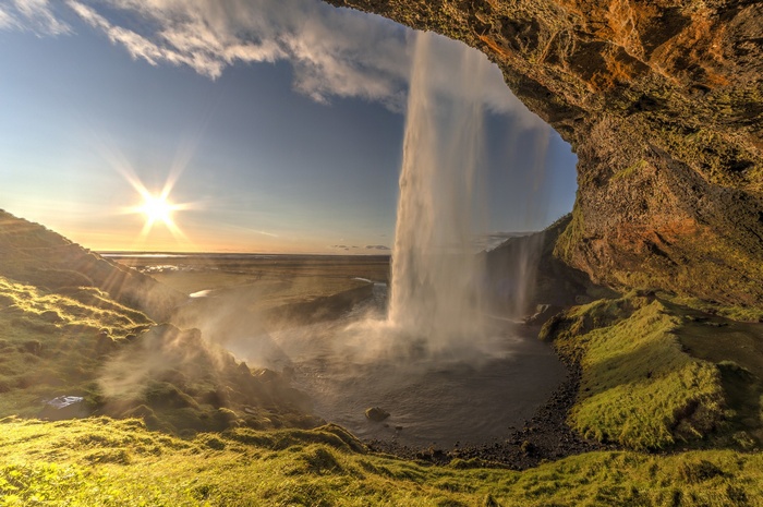 Seljalandsfoss waterfall in Iceland at sunset