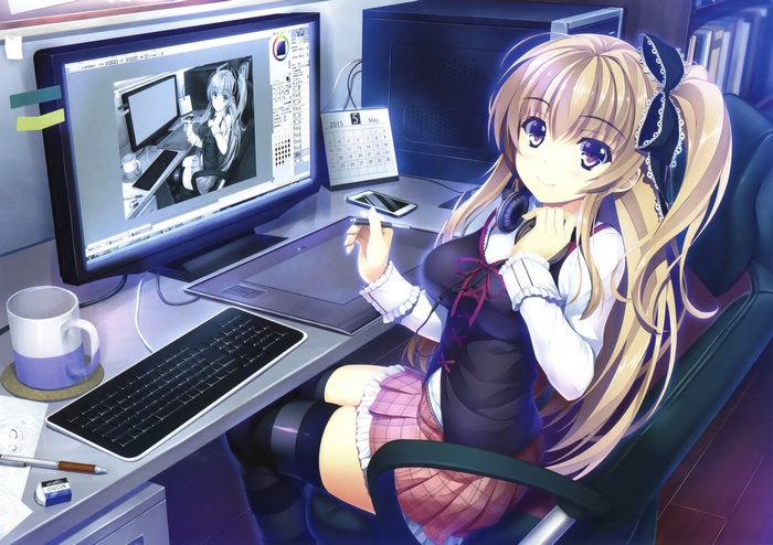 Anime girl at a computer with graphics tablet