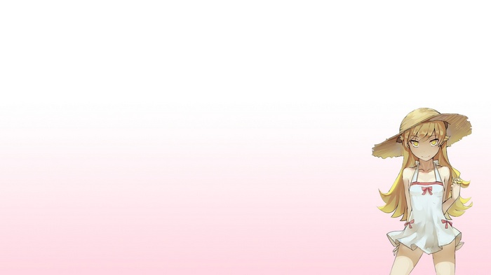 Oshino Shinobu in a white swimsuit and straw hat