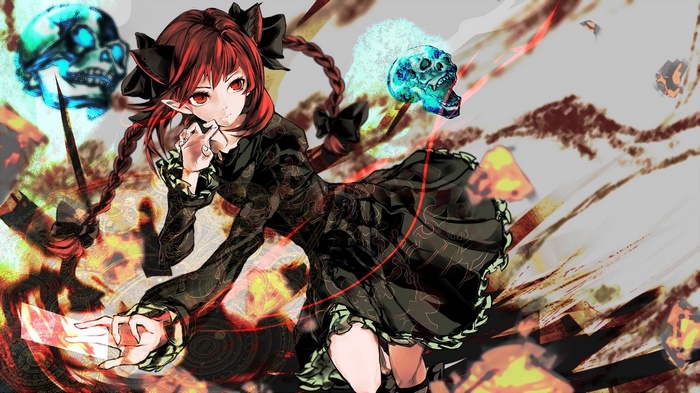 Kaenbyou Rin from Touhou with magical skulls