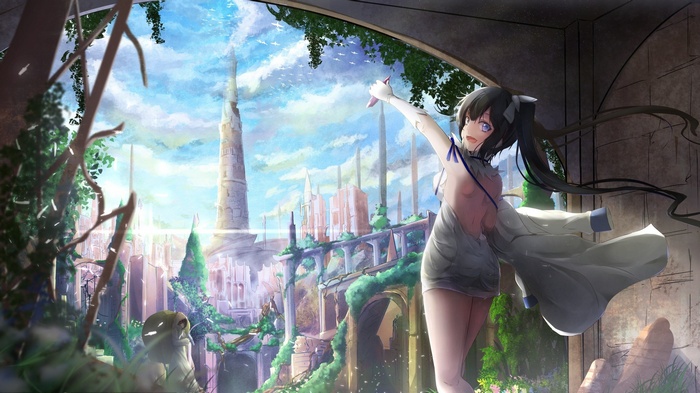 Hestia in a ruined city with a bright sky