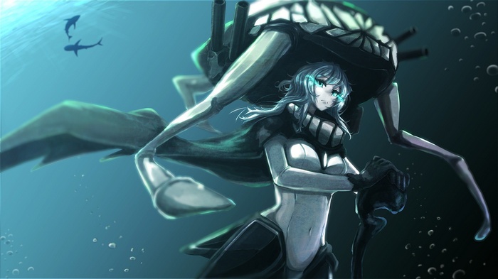 Wo-Class Aircraft Carrier girl underwater with sharks
