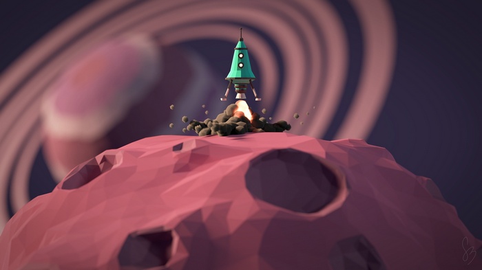 Low poly rocket launching from a moon