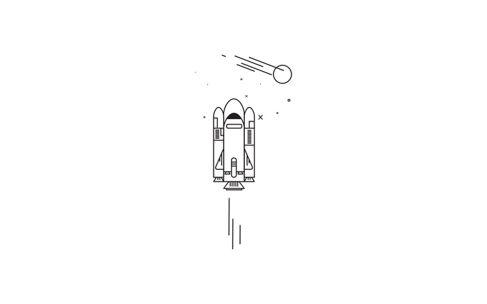 Minimalist artwork of a space shuttle and a meteor