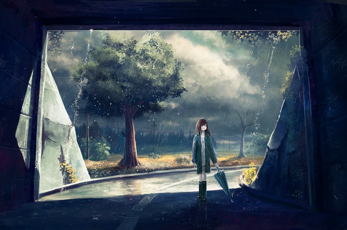 Anime girl with umbrella in the rain