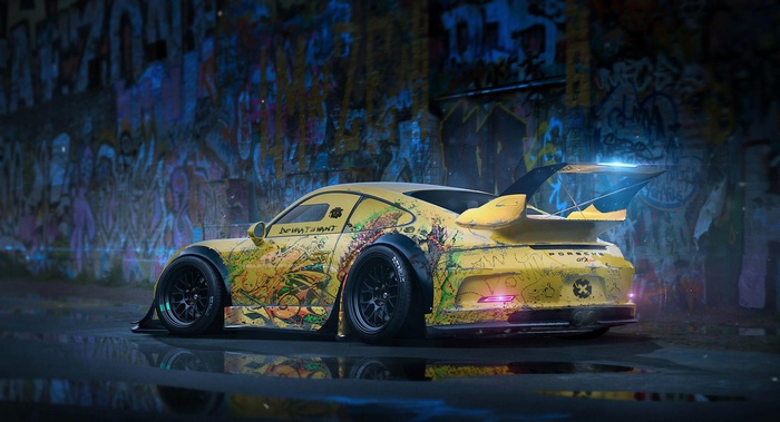 Yellow Porsche 911 GT3 with graffiti