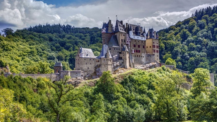 tower, Eltz Castle, Germany, hills, forest, landscape, castle, architecture, trees, ancient, HDR, clouds, old building, nature