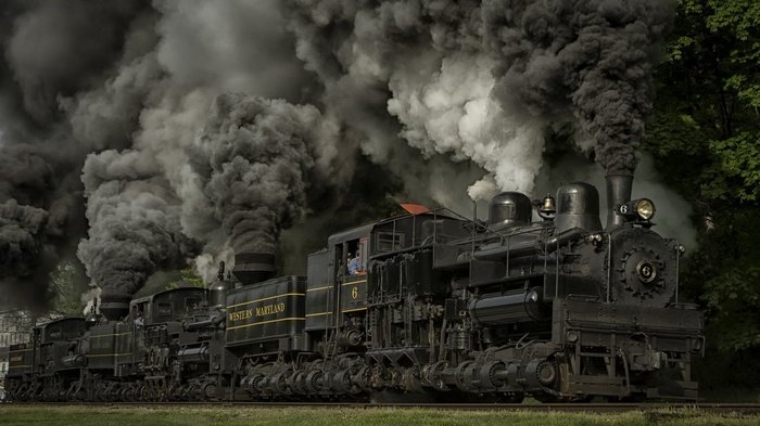 USA, grass, steam locomotive, trees, smoke, Maryland, railway, nature ...