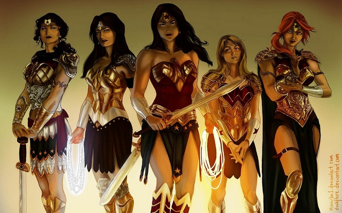 Artwork of multiple Wonder Woman characters from DC Comics