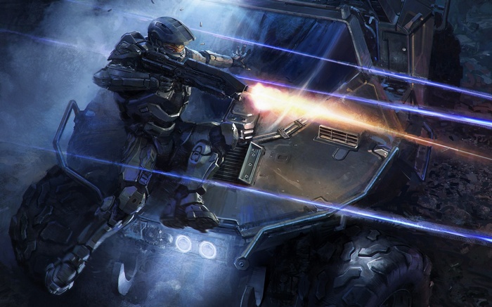 Master Chief firing a weapon from a vehicle