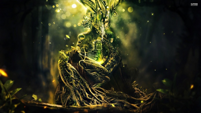 Fantasy forest spirit with a house in its chest