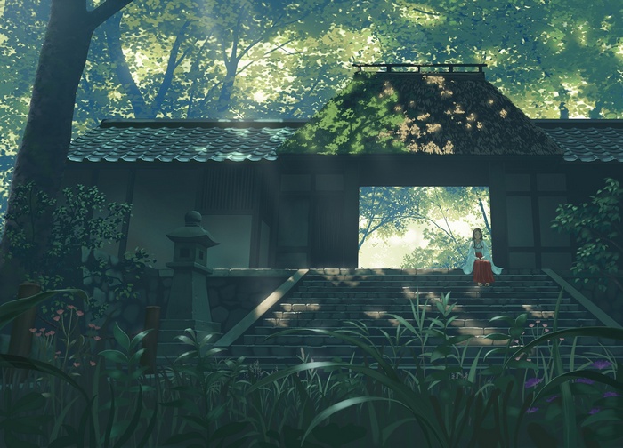 Shrine Maiden Sitting on Steps of Traditional Japanese Building