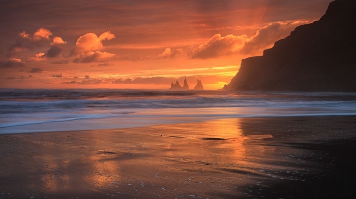 Sunset over Reynisfjara black sand beach, Iceland