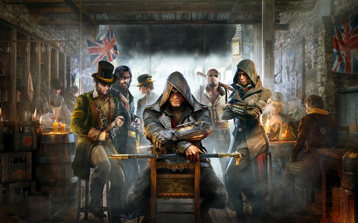 Assassin's Creed Syndicate characters in a dimly lit room