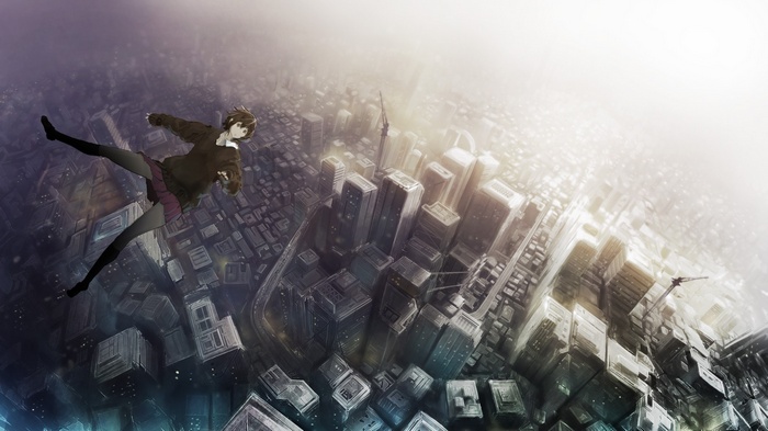 Girl falling over a futuristic city