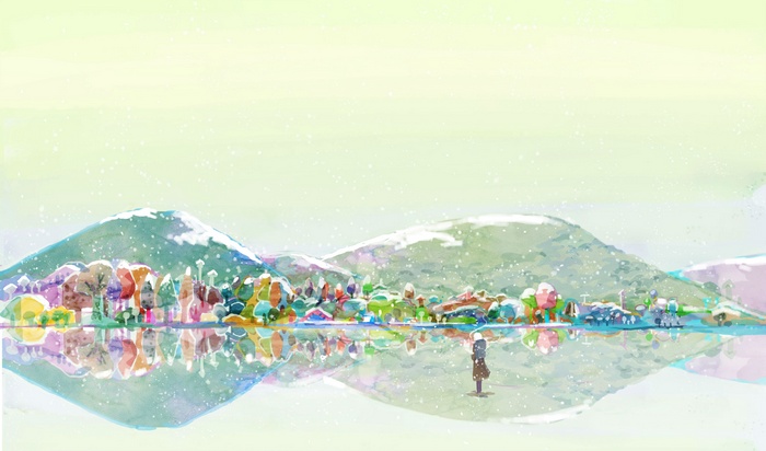 Mushishi watercolor mountains and lake reflection