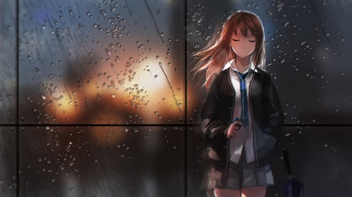 Anime girl in school uniform listening to music in the rain